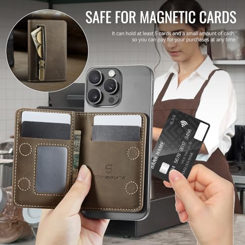 Strapurs Magnetic Card Holder Compatible with MagSafe Phones and Cases, PU Leather Phone Wallet for iPhone 17/16/15/14/13/12/Pro/Max/Plus/Air, 4 Card Slots RFID Blocking with Zipper Pocket - Brown - color: Brown