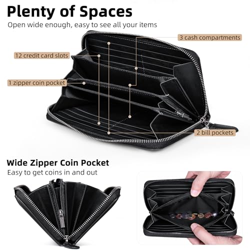 VISOUL Leather Long Zipper Pouch Wallet for Men and Women with RFID Blocking, Large Clutch Cash Long Wallet with Zipper (Black) - color: Black