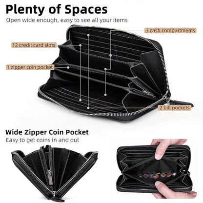 VISOUL Leather Long Zipper Pouch Wallet for Men and Women with RFID Blocking, Large Clutch Cash Long Wallet with Zipper (Black) - color: Black