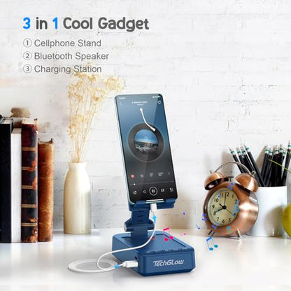 TechGlow Gifts for Men Women Foldable Cellphone Stand with Bluetooth Speaker and Charging Function 360° Rotatable Phone Stand Birthday Gift Idea for Mom Dad Cool Tech Gifts-Blue - color: Blue