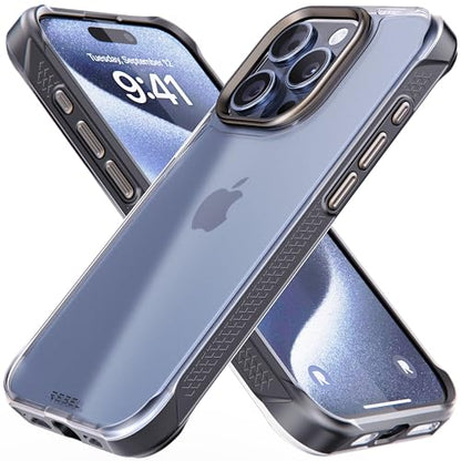 REBEL Clear Case for iPhone 15 Pro [Frosted Series Gen-5] Translucent Matte Texture, Grippy Sides, Non-Yellowing, Protective Shockproof Bumpers, Metal Lens & Buttons, 6.1 Inch Phone 2023 - color: Frosted Black, No MagSafe, size: iPhone 15 Pro
