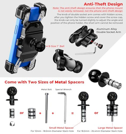 VAZESWIN Motorcycle Fork Stem Phone Mount, 1s Lock & Release, Safety Lock