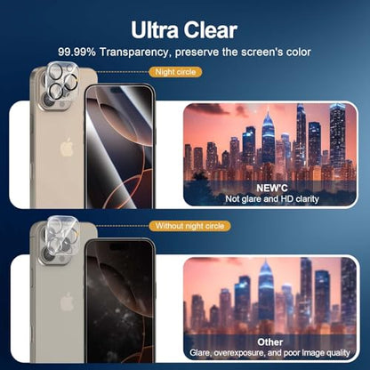 NEW'C 2 Pack for iPhone 16 Pro Max Screen Protector (6.9 inches) + 2 Pack Camera Lens Protector, Sensor Protection, Case Friendly Tempered Glass Film - Easy installation tool included - size: 16 Pro Max 6.9 inches