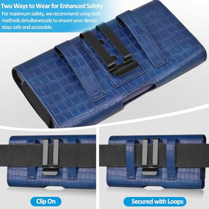 ACCKUO Leather Phone Holster with Strong Metal Belt Clip and Card Holder Compatible with iPhone 17 Air, 16/15/14/13 Pro Max, Galaxy S26/S25/S24/S23/S22 Plus and FE for Everyday Protection, L-Blue - color: Blue, size: Large