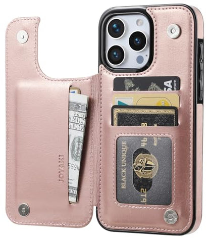 Wallet Case Compatible with iPhone 15 Pro Max(6.7"),Slim Protective case with Card Holder with 1 Screen Protective Glass,Premium PU Leather Kickstand Card Slots Case-Rose Gold - color: Rose Gold