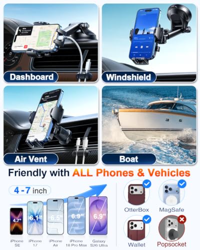 YRU True Military-Grade [360° Rotation Suction] 2026 Ultimate Car Phone Holder Mount 【90+LBS Safest Strongest & Patent Certs】 Dashboard Windshield Vent for iPhone 18 Pro Max Samsung Webcam, Jet Black - color: Jet Black