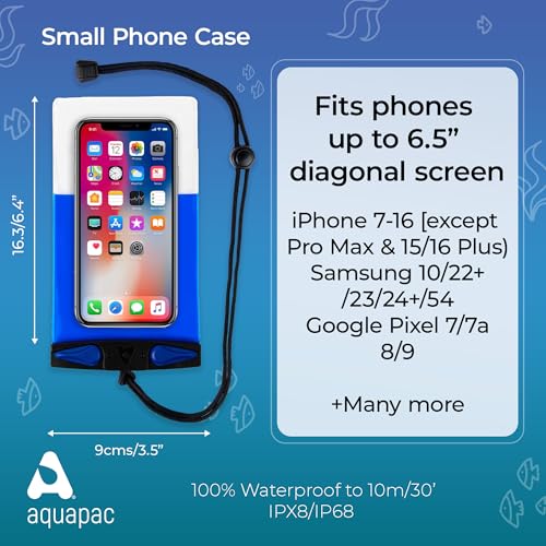 Aquapac Waterproof Phone Case, Small, Blue | iPhone and Android, Made in The UK, Hiking, Mountain Biking, Running Accessory, Floating, IPX8 certified to 30 ft deep. - color: Blue, size: Small