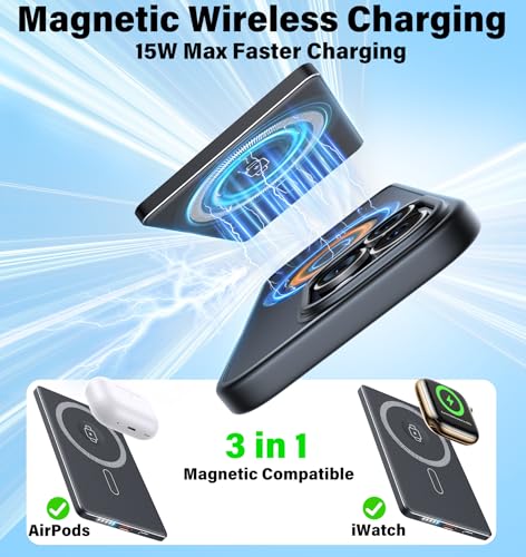 3-in-1 5000mAh for Magsafe Power Bank Thin Slim 22.5W Magnetic Battery Pack - color: Black