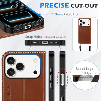 SHIELDON Genuine Leather Case Wallet for iPhone 17 Pro 6.3", Retro Brown | Flip Magnetic Cover, RFID Blocking, Credit Card Holder, Kickstand, Book Design, Shock-Absorbent Phone Cover - color: Retro Brown