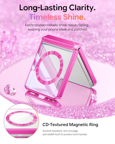 Meifigno for Samsung Galaxy Z Flip 8 Case Compatible with MagSafe, Hot Pink | Raised Camera Protection, Rugged Hinge Protection, Metallic Glossy Plated Edge & Crystal Clear Back, Detachable Glitter Card - color: Hot Pink, size: Z Flip 8