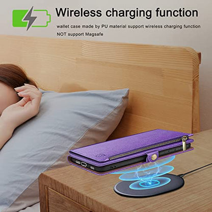 XcaseBar Compatible with ‌iPhone 16e 6.1"/17e 6.1" Wallet case with Zipper Credit Card Holder【RFID Blocking】,Flip Folio Book PU Leather Phone case Shockproof Cover Women Men for Apple 16e case Purple - color: Purple