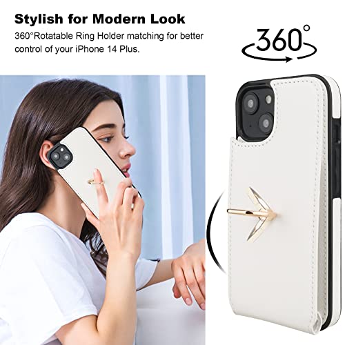 Folosu Compatible with iPhone 14 Plus Case Wallet with Card Holder, 360°Rotation Finger Ring Holder Kickstand, RFID Blocking Leather Protective Double Buttons Shockproof Cover 6.7 Inch White - color: White, size: iPhone 14 Plus