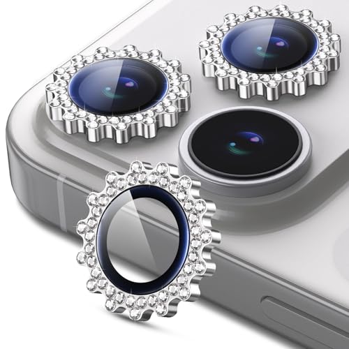 Compatible for iPhone 17 Pro/17 Pro Max Camera Lens Protector, Explosion-Proof 9H Tempered Glass with Diamond Gear Metal Ring, HD Anti-Scratch Lens Protection Decoration Accessories (Silver)
