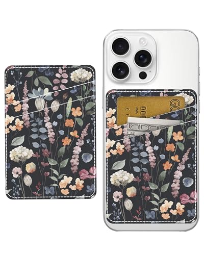 Phone Card Holder, Dual Pocket Leather Phone Wallet Adhesive Stick On, Cute Card Holder, Credit Card Holder for Phone Case Black Boho Flowers - color: Black Boho Flowers