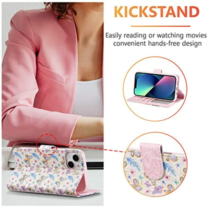 UEEBAI Wallet Case for iPhone 15, PU Leather Phone Cover Kickstand RFID Blocking Flip Case Card Slots Wrist Strap Relief Engraved Pattern Magnetic Closure Flower Folio Wallet, Butterfly - color: Butterfly, size: iPhone 15