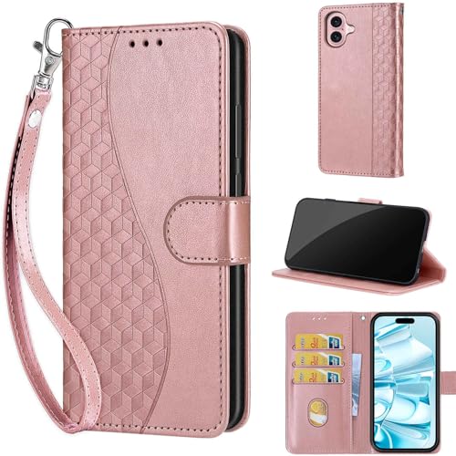 Wallet Case for iPhone 16, Rose Gold | Women Flip Folio Cover, Embossed PU Leather, Stand, Credit Card Holders Slots, Wrist Strap - color: 4