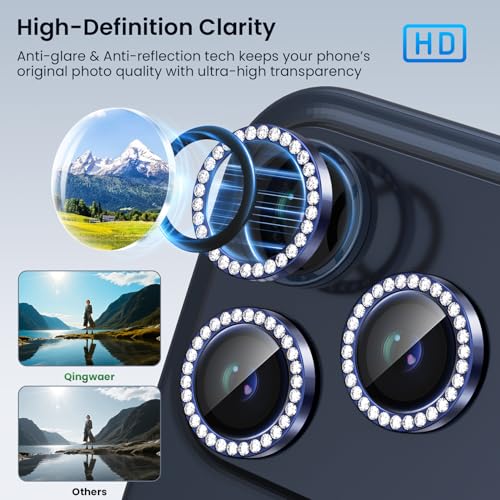 Compatible for iPhone 17 Pro / 17 Pro Max Camera Lens Protector, Explosion-Proof 9H Tempered Glass with Metal Diamond Ring, HD Anti-Scratch Lens Protection Decoration Accessories (Blue)