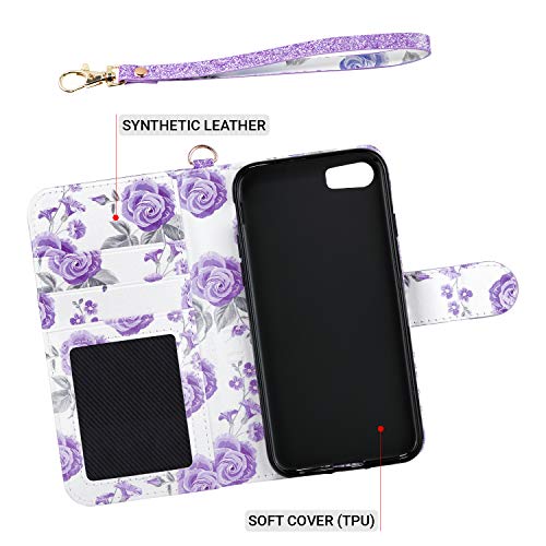 ULAK for iPhone SE 3(2022)/SE(2020)/8/7 Wallet Case Card Holder, Purple | Premium Floral PU Leather Flip Case with Kickstand Card Slots,RFID Blocking,Wrist Strap, Durable Shockproof Cover 4.7 Inch - color: Bling Purple