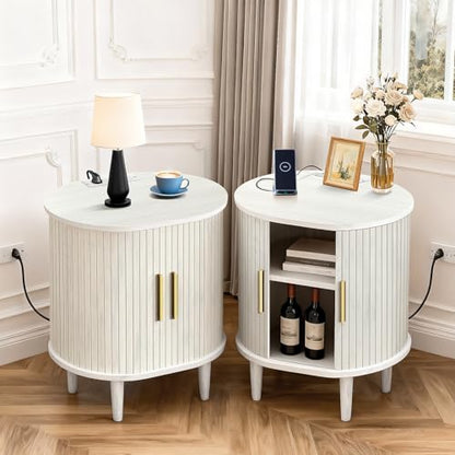 DHH Mid Century Modern Nightstand with Charging Station, Fluted Accent Side Table with Sliding Door & Adjustable Shelf, End Table for Small Space, Living Room, Bedroom,Sofa Couch(1, White) - color: Grayish White