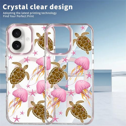 VisEnt Clear Case for iPhone 16, Magnetic Phone Case, Transparent Slim Cover, Military Grade Protection, Shockproof, Anti-Yellowing, Scratch Resistant, Pink Jellyfish Sea Turtle - color: Pink Jellyfish Sea Turtle, size: Iphone 16