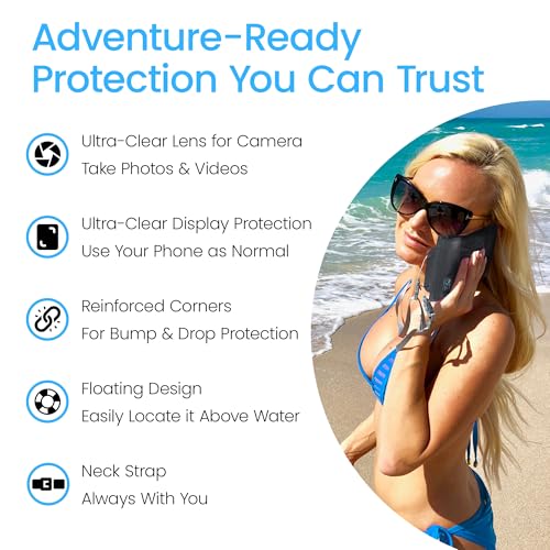 AquaVault Floating Waterproof Phone Pouch Case Universal for iPhone Android | Black. Floats and keeps phones and cash dry. Heavy-duty PVC, drop protection, adjustable neck strap. Fits any phone size. - color: Black