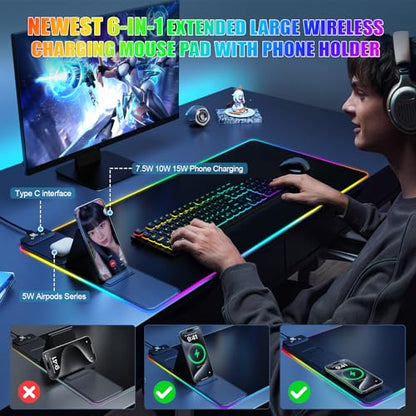 Wireless Charging RGB Mouse Pad with Phone Stand, Large Gaming Desk Mat - color: Black - 31.5x15.8" Phone Stand with PD Adapter