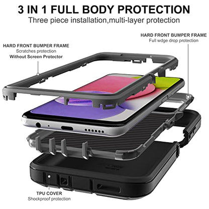 for Samsung Galaxy A03S Phone Case, Galaxy A03S Phone Case with 2 Pcs Nano Explosion-Proof Film, 3 in 1 Full Body Shockproof Heavy Duty Case for Samsung A03S (Black/Grey)