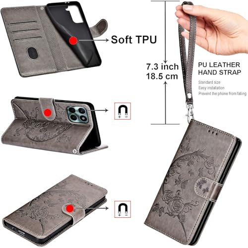 for iPhone 15 Plus Wallet case, Gray Flower | 3 Card Holders, Kickstand, Shockproof TPU Shell, PU Leather, Magnetic Closure, Protective Flip Folio Cover, Women - color: 9