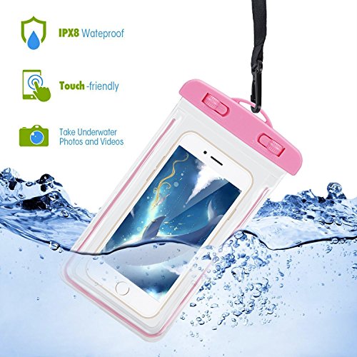 Kool Fluoresent Waterproof Phone Case, Pack of 2 IPX8 Cellphone Pouch Bag for iPhone X, 8, 7, 6 Plus, SE, Huawei Mate 9, Samsung S9+ S9 S8+ LG V20 HTC, Snowproof Dirtproof Outdoor (Yellow+Pink)