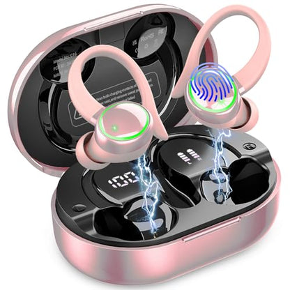 Matast Wireless Earbuds, Bluetooth Headphones Sports, IP7 Waterproof Headset with Earhook Workout, 50H Playback Over-Ear Buds with ENC Noise Cancelling Mic, Deep Bass Fitness Earphones Gym Running - color: Lily powder