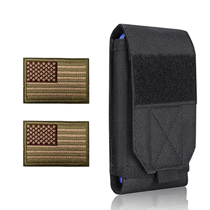 Black Tactical Molle Cellphone Pouch Case,Heavy Duty Waterproof Phone Holster Bag for iPhone 11 12 13 Pro Max for Samsung S22 S21 S20 FE Note 20 A02S Less 6.7" Phone with 2 Pack US Flag Patch - color: Black & 2 Green Patches
