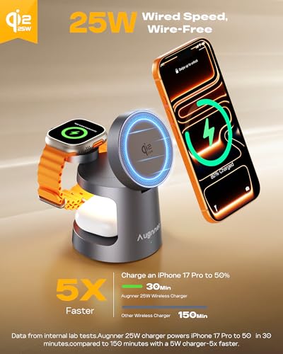 Qi2.2 25W 3 in 1 Charging Station for Apple Compatible with MagSafe Foldable Wireless Charger, Magnetic Charger with Night Light for iPhone 18/17/16/15/14/13/12, Apple Watch & AirPods (Grey) - color: Grey