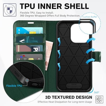 TUCCH Wallet Case for iPhone 14 Pro (6.1"), 4 Card Holders, Midnight Green | RFID Blocking, Viewing Stand, Shockproof TPU Shell, PU Leather, Magnetic Closure, Protective Folio Flip Cover - color: Midnight Green