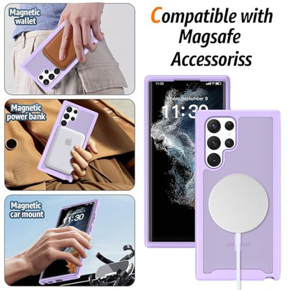 for Samsung Galaxy S22 Ultra Case Magnetic, Compatible with Magsafe 6.8-Inch Slim Fit 360 Heavy Duty Protector Wireless Charging Shockproof Anti-Slip TPU and PC Protective Phone Cover, Purple - color: Purple