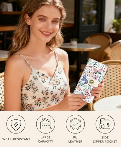 GIANCOMICS Butterfly Womens Wallet RFID Blocking, Credit Card Holder Bifold | Billfold, Cute Cash Purse, Travel Zipper Coin Pocket, Compact Clutch, PU Leather, ID Window, 11 Card Slots, Ladies Gift Woman - color: Butterflies and Flowers
