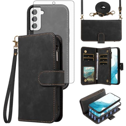 Asuwish Phone Case for Samsung Galaxy S22 5G Zipper Wallet Detachable Magnetic Cover with Tempered Glass Screen Protector Crossbody Lanyard Strap Card Holder S 22 22S 4G G5 6.1 inch Women Girls Black - color: Black