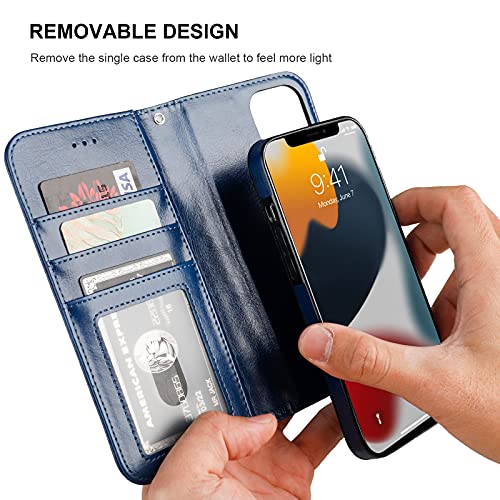 Bocasal Detachable Wallet Case Card Holder for iPhone 13, Blue | RFID Blocking Kickstand Card Slots Holder PU Leather Magnetic Shockproof Wrist Strap Removable Flip Protective Cover 6.1 inch - color: Blue