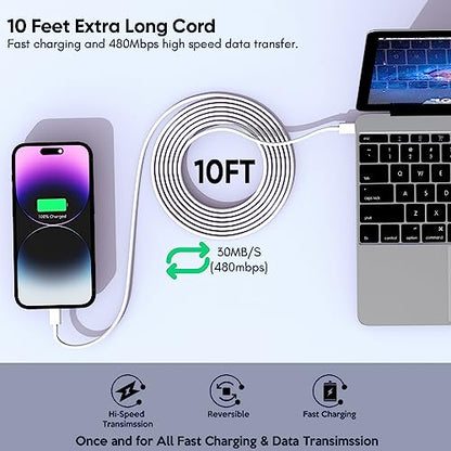 10FT iPhone Fast Charger,[Apple MFi Certified] 2Pack PD Dual Apple Fast Charger USBC Charge Block 10Foot Lightning Cable Cord Quick Charging for iPhone 14/Pro/Pro Max/Plus/13/12/11/XS/XR/X/SE2022/iPad