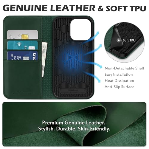 SHIELDON Genuine Leather Case Wallet for iPhone 13 Pro 6.1", Midnight Green | Folio Magnetic Closure, RFID Blocking, Credit Card Holder, Kickstand, Shock Absorbing Protective Cover - color: Midnight Green