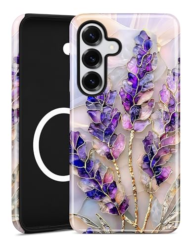 Magnetic Flower Case for Samsung Galaxy A16 5G, Purple | Compatible with MagSafe, Cute Aesthetic Stained Glass Floral, TPU and PC Protective Phone Cover for Women Girls - color: Purple Lavender