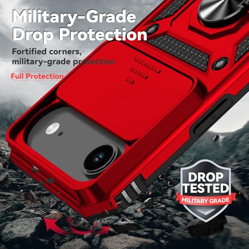 for iPhone Air Case, with Slide Camera Cover HD Screen Protector [Military Grade 16ft. Drop Tested] Ring Holder Kickstand Protective Phone Case for Apple iPhone Air 2025, Red - color: Red w/ Slide Camera 2nd gen. Military Grade