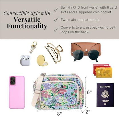 Baggallini Triple Zip with Front Wallet/Trifecta RFID Wallet Crossbody - color: Meadow Print
