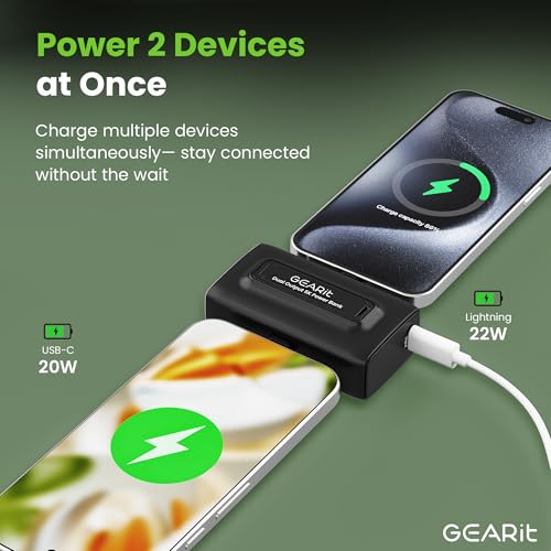 GEARit 5000mah Power Bank - Dual Output, Mini Battery Pack with Integrated USB-C and Lightning Connectors - Compact, Small Portable Charger Compatible - Black