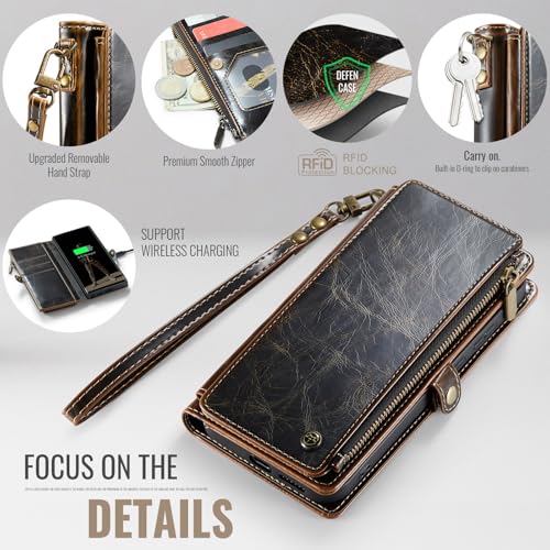 Defencase for Samsung Galaxy S22 Ultra Wallet Case with Card Holder, Coffee | Durable PU Leather, with RFID Blocking Zipper Pocket, Wrist Strap, S22 Ultra Flip Phone Cases Cover with Stand for Women Men - color: Luxury Coffee
