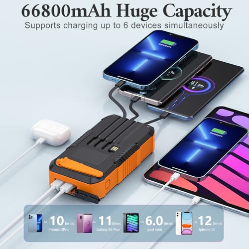 Solar Power Bank 66800mAh Built in Hand Crank for Camping and Hiking - color: orange