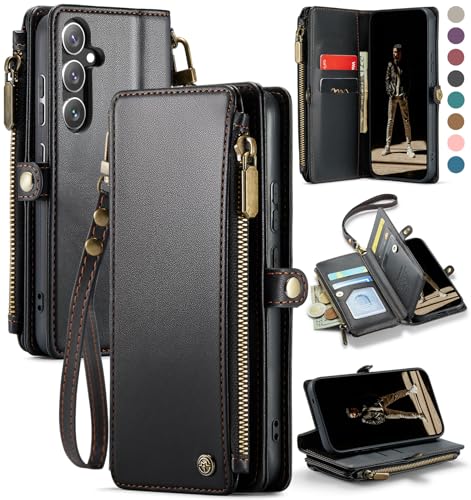 Defencase for Samsung Galaxy S25 Wallet Case with RFID Card Holder, Black | Durable Soft PU Leather, with Zipper Pocket, Wrist Strap, Fashion Snap Flip S25 Phone Cases Cover with Stand for Women Men - color: Black