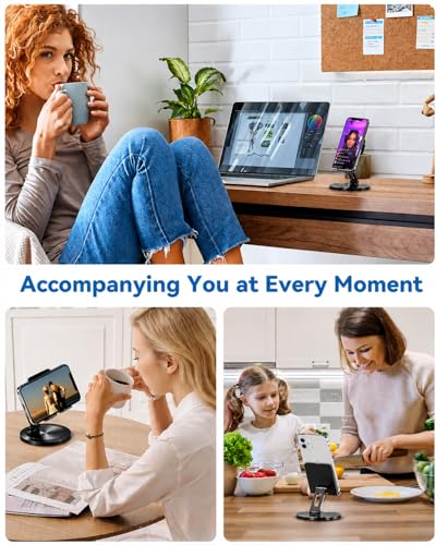 Phone Stand for Desk, 360° Rotating Dual Adjustable Foldable Cell Phone Holder, Heavy Solid All-Aluminum Base Anti-Slip Stable Support for Home Office Study, Fits iPhone Galaxy 4-8" Phones - color: Black+Silver