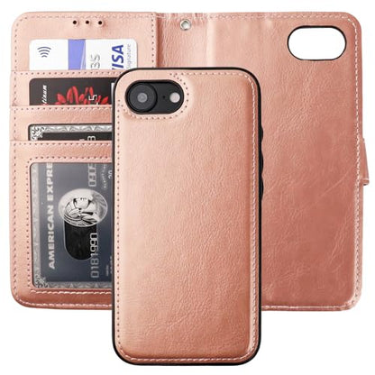 Bocasal Detachable Wallet Case Card Holder for iPhone 17e/16e, Rose Gold | RFID Blocking Kickstand Card Slots Holder PU Leather Magnetic Shockproof Wrist Strap Removable Flip Protective Cover 6.1 inch - color: Rose Gold