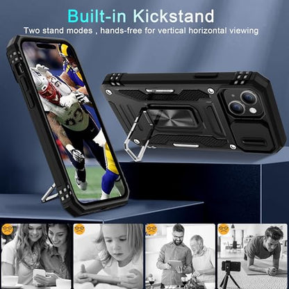 DEERLAMN Case for iPhone 15 with Slide Camera Cover + Screen Protector (2 Packs), Rotated Ring Kickstand Military Grade Shockproof Protective Cover-Black - color: Black
