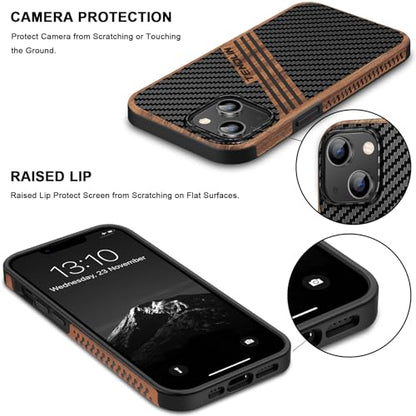 TENDLIN Magnetic Case Compatible with iPhone 14 Plus Case Wood Grain with Carbon Fiber Texture Design Leather Hybrid Slim Cover (Compatible with MagSafe) Three Stripe - color: Magnetic Three Stripe, size: iPhone 14 Plus